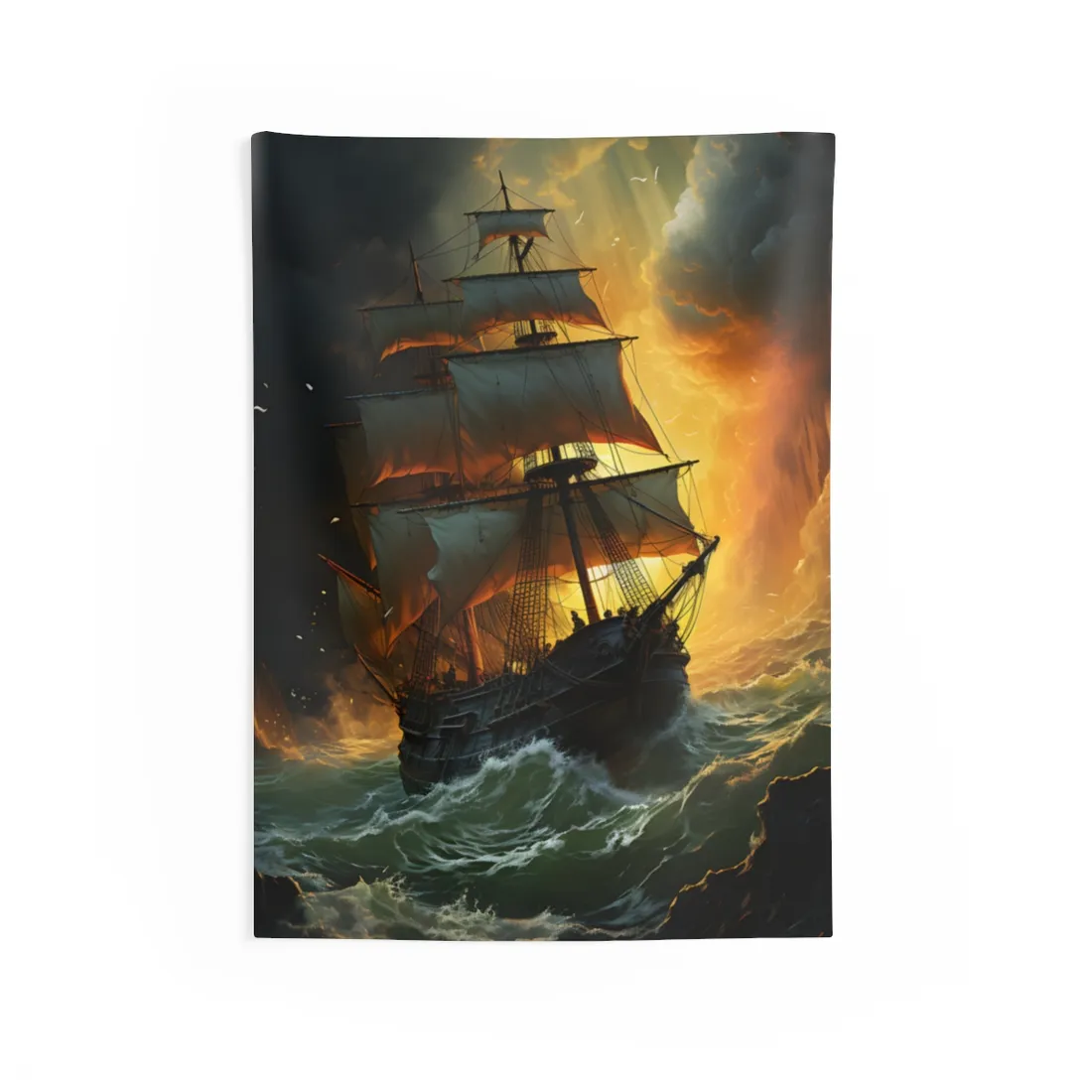 Mostly Green Seascape: Magnificent Oil Painting of a Ship - Wall Tapestry