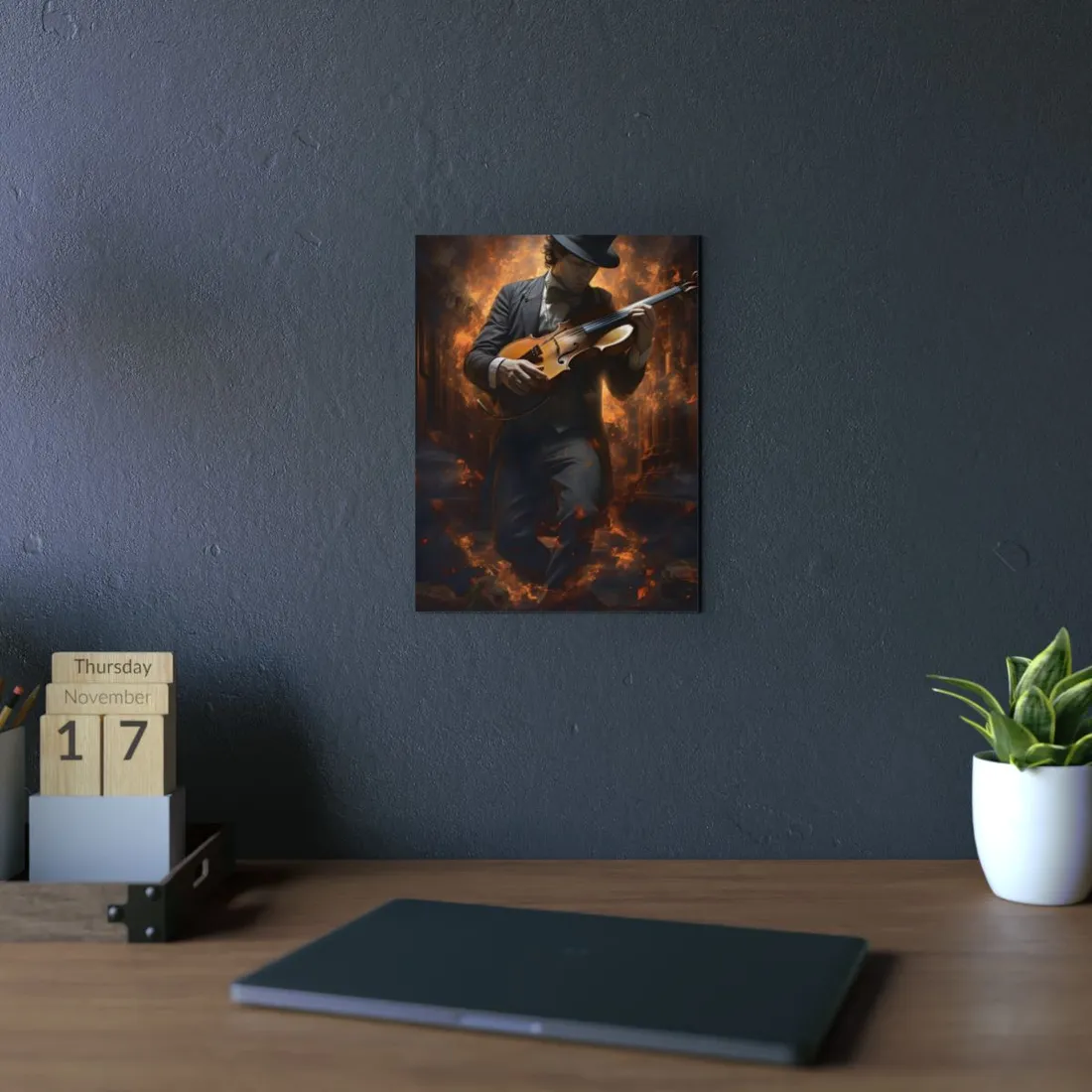 Mysterious Close-Up Portrait of a Musician Playing Instrument - Metal Poster