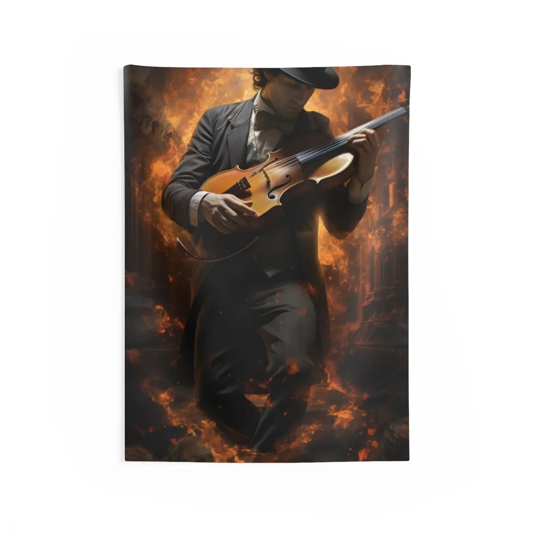 Mysterious Close-Up Portrait of a Musician Playing Instrument - Wall Tapestry