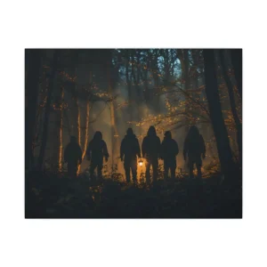 Hooded Figures in Misty Forest Canvas Print