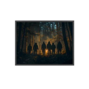 Hooded Figures in Misty Forest Framed Poster