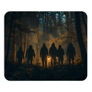 Hooded Figures in Misty Forest Mouse Pad