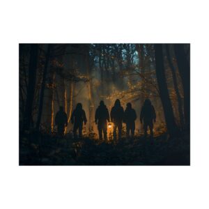 Hooded Figures in Misty Forest Poster