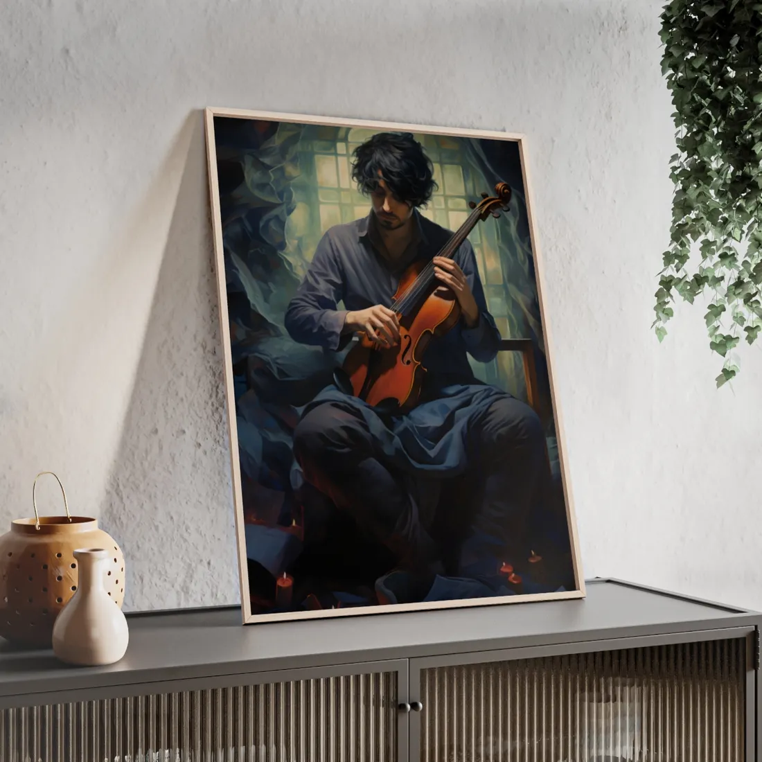 Mysterious Musician: Intimate Guitar Portrait - Framed Poster