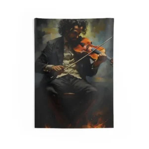 Violinist Playing by Glowing Embers Wall Tapestry