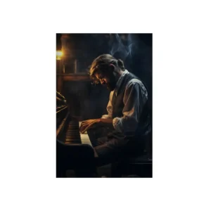 Man Playing Upright Piano Metal Poster