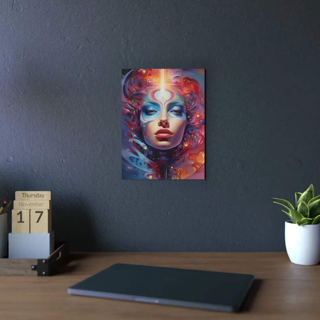 Painted woman's face with blue eyeshadow, glowing forehead beam, and swirling pink cosmic patterns – Metal Poster, view 2