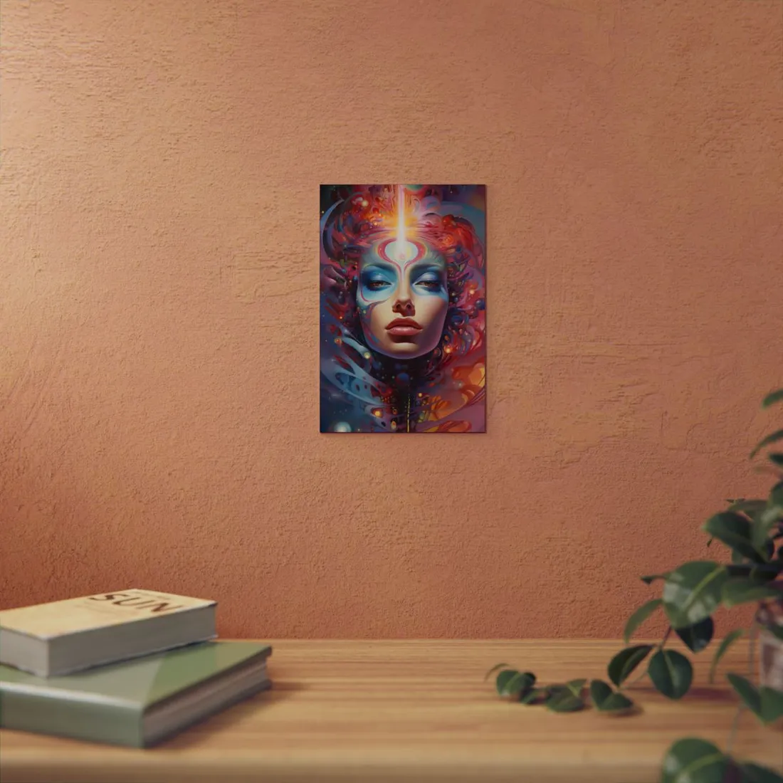 Painted woman's face with blue eyeshadow, glowing forehead beam, and swirling pink cosmic patterns – Metal Poster, view 3
