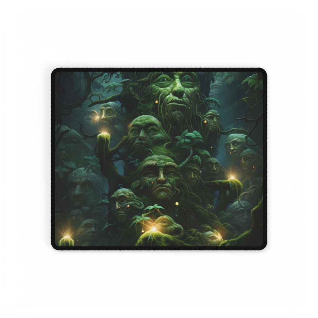 Moss-covered faces stacked in a dark forest, glowing lights, still water below – Desk Mat, front view