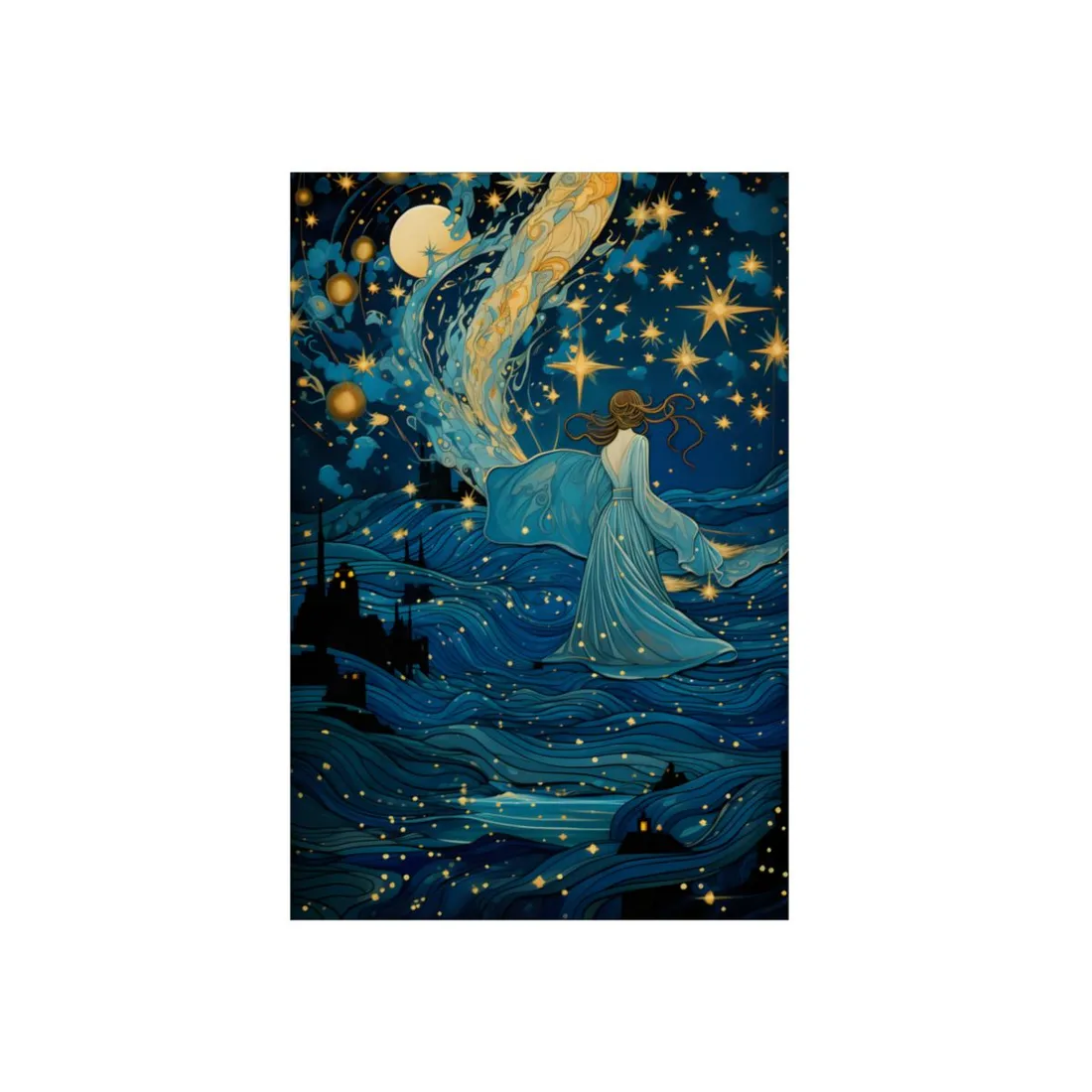 Mystical Blue Goddess in a Starry Night Sky - Metal Poster