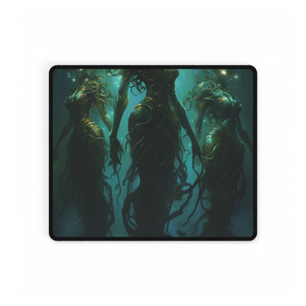 Three tree-like humanoid figures with glowing faces and leafy crowns stand in a misty, teal-lit forest – Desk Mat, front view