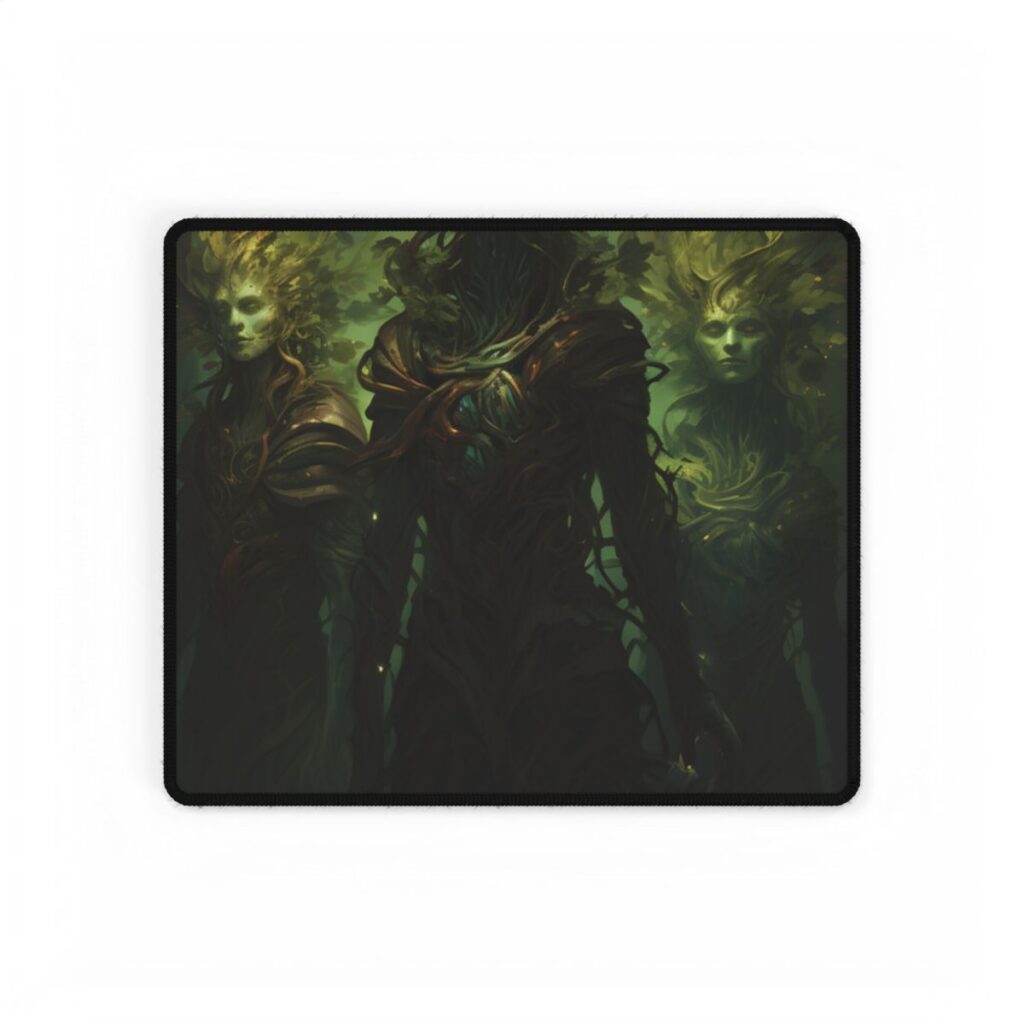 Three pale green-faced forest spirits with branch crowns stand together in a misty, shadowy woodland – Desk Mat, front view