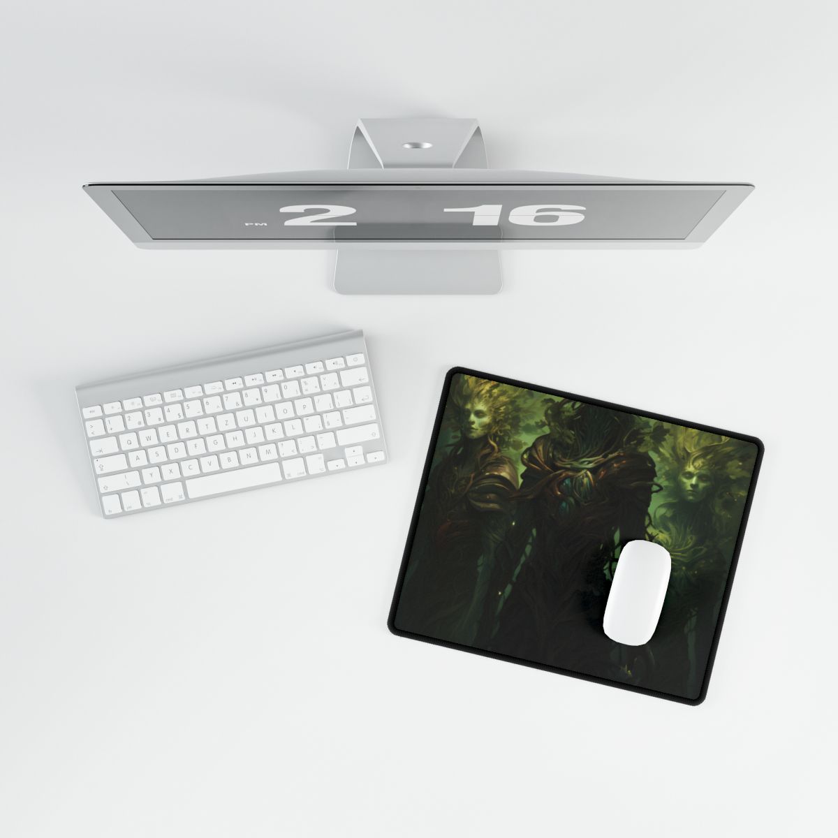 Three pale green-faced forest spirits with branch crowns stand together in a misty, shadowy – Desk Mat, room mockup, view 3
