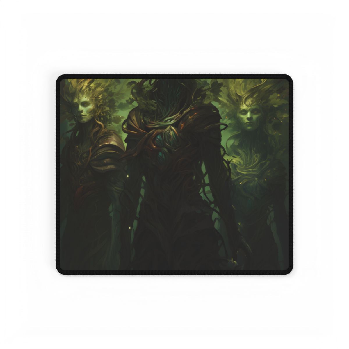 Three pale green-faced forest spirits with branch crowns stand together in a misty, shadowy woodland – Desk Mat, front view
