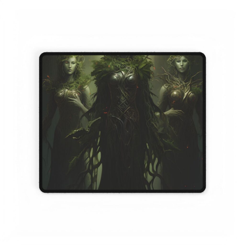Three pale-skinned forest figures with branch-like crowns stand in a dark, misty woodland – Desk Mat, front view