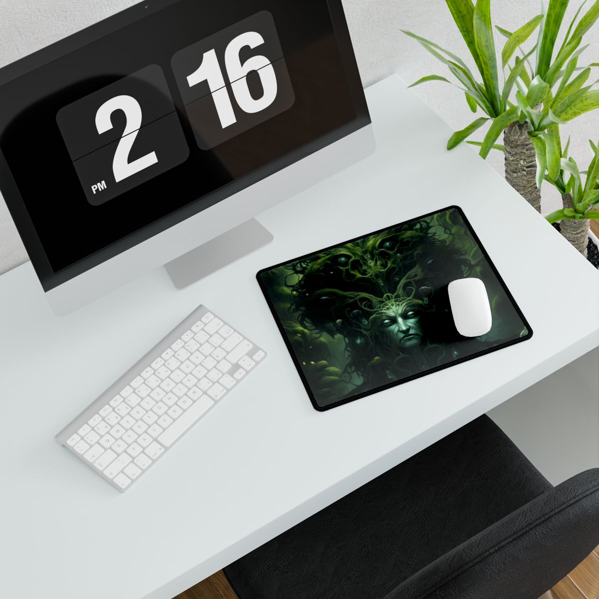 Moss-covered forest guardian with a stern face and glowing eyes, surrounded by tangled vines – Desk Mat, room mockup, view 2