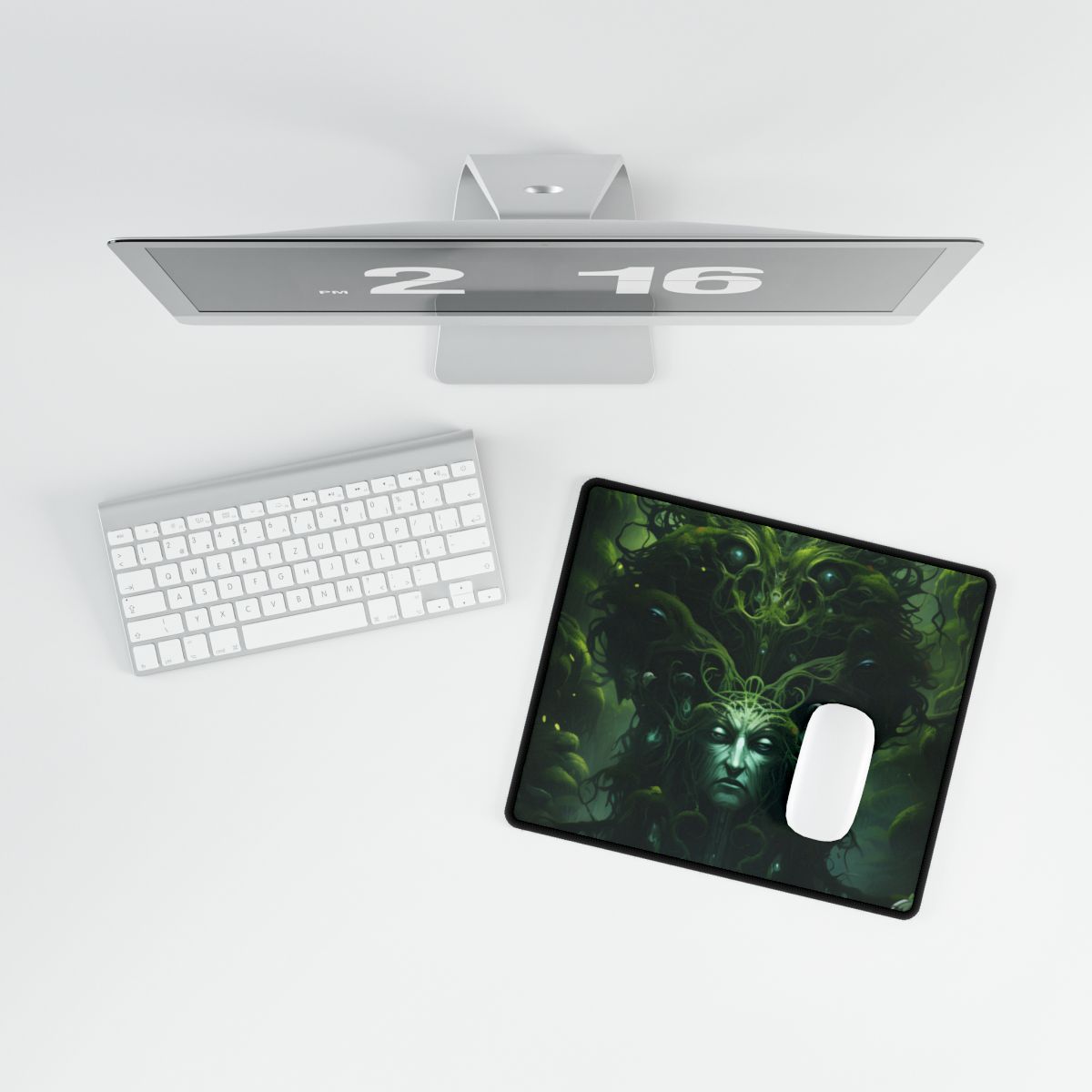 Moss-covered forest guardian with a stern face and glowing eyes, surrounded by tangled vines – Desk Mat, room mockup, view 3