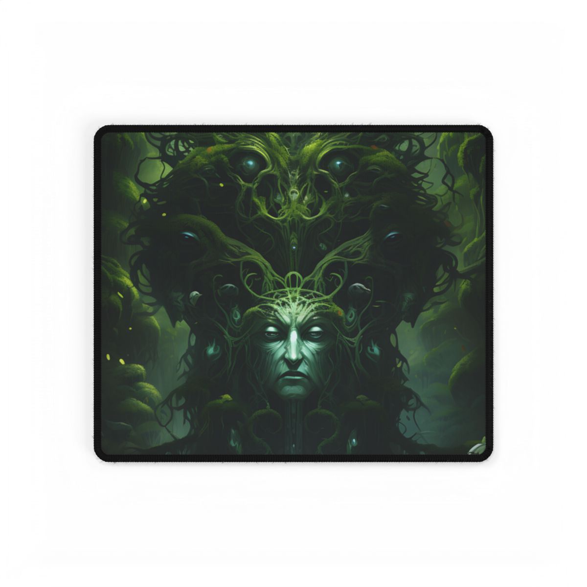Moss-covered forest guardian with a stern face and glowing eyes, surrounded by tangled vines and misty – Desk Mat, front view
