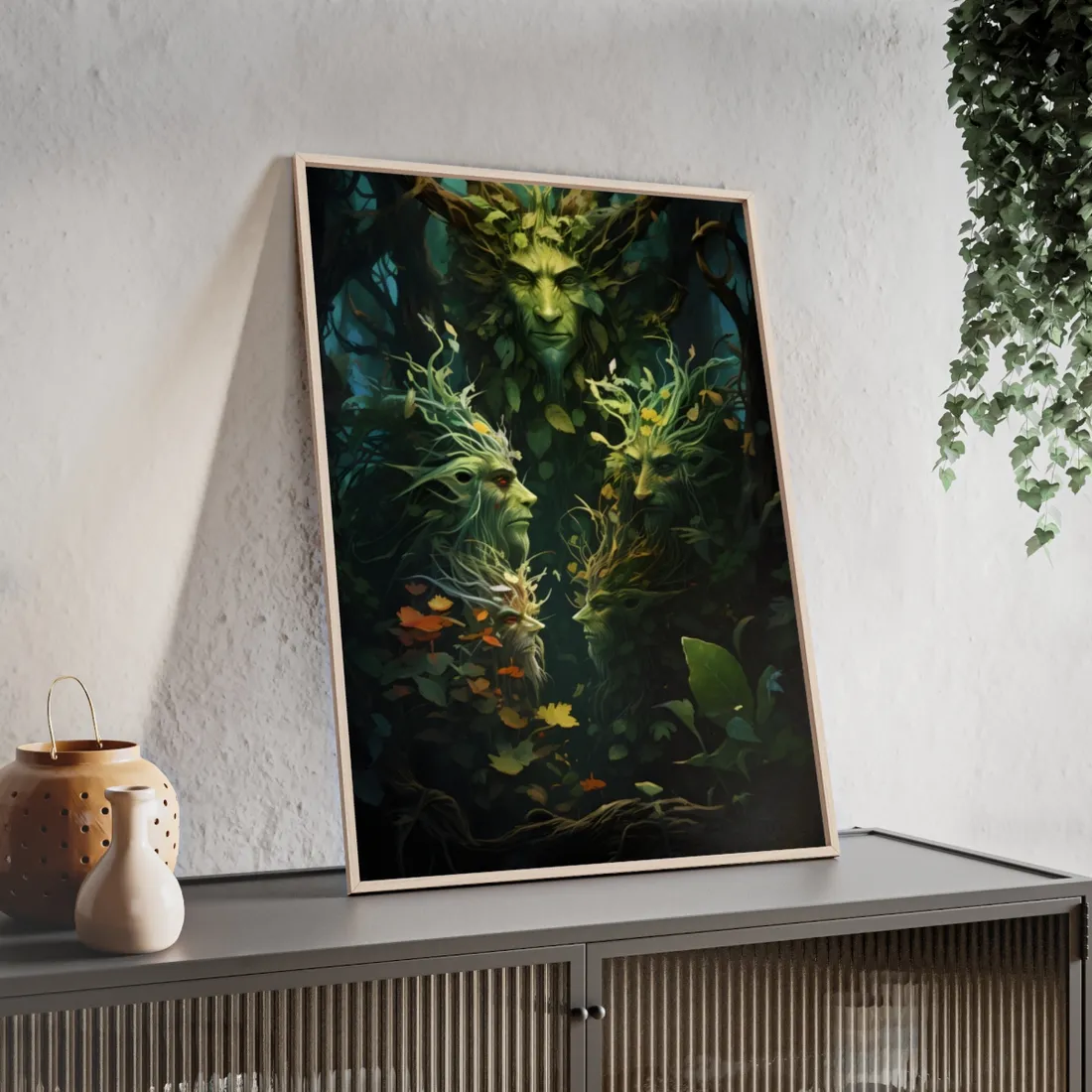 Mystical Forest Guardians: Ancient Tree Spirits in Serene Nature - Framed Poster