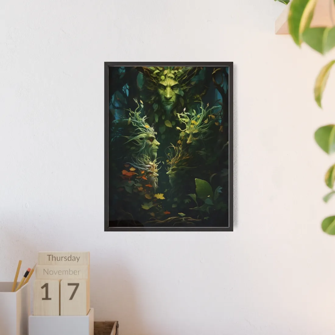 Mystical Forest Guardians: Ancient Tree Spirits in Serene Nature - Framed Poster