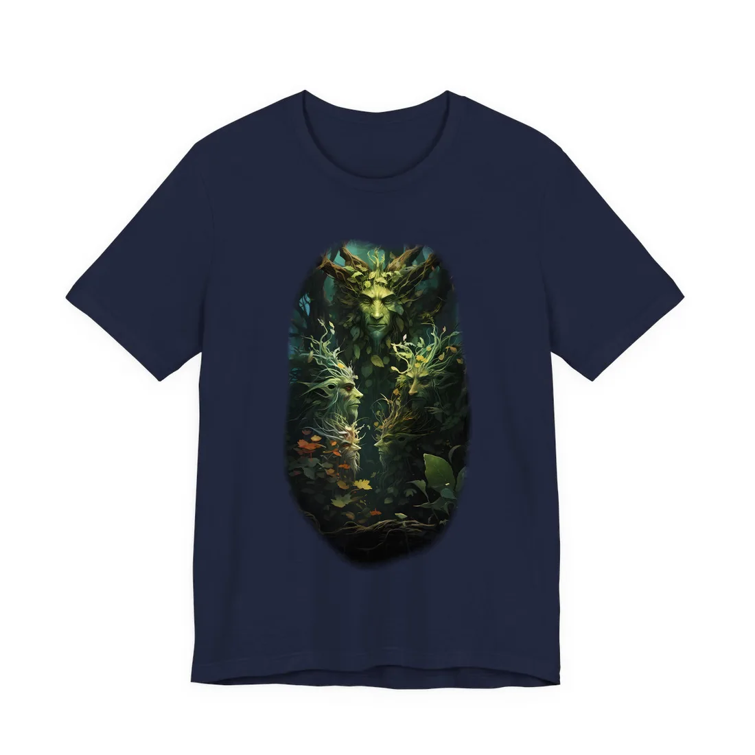 Mystical Forest Guardians: Ancient Tree Spirits in Serene Nature - T-Shirt (Navy)
