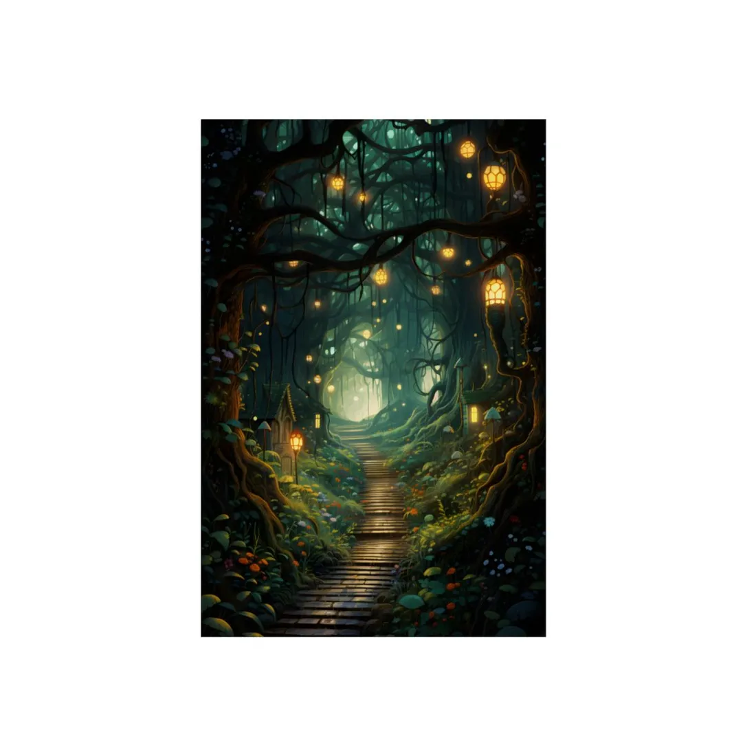 Mystical Forest Path: Glowing Lantern in the Woods - Metal Poster
