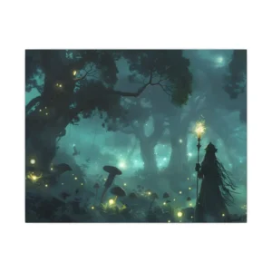 Cloaked Figure in Misty Forest Canvas Print