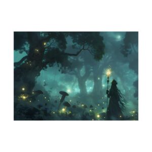 Cloaked Figure in Misty Forest Poster