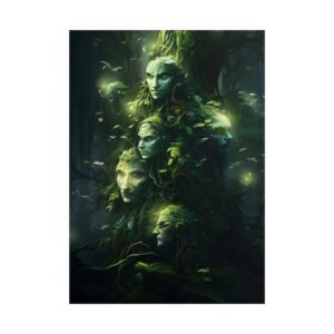 Green Tree Faces in Forest Poster