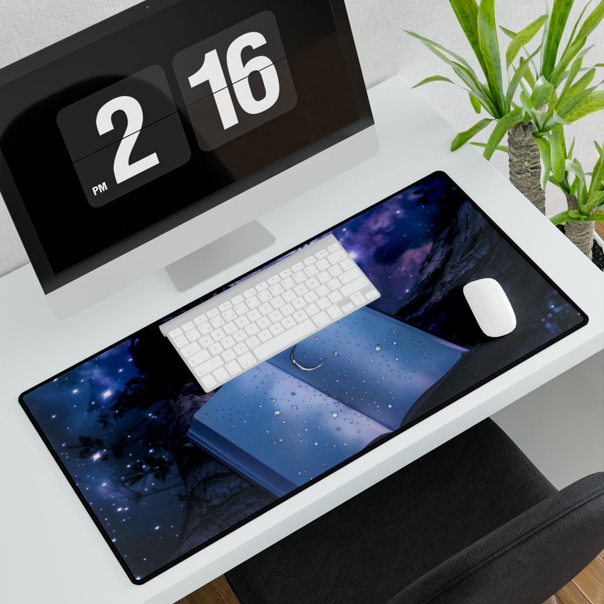 Mystical Night Sky: Celestial Dreams with Crescent Moon and Stars - Desk Mat