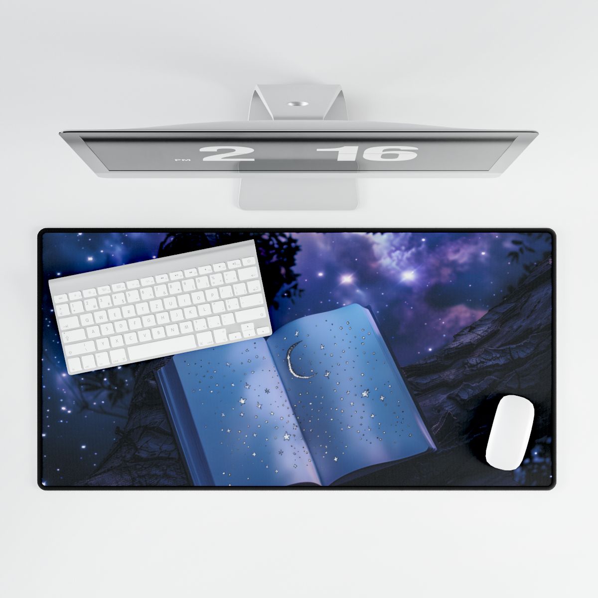 Mystical Night Sky: Celestial Dreams with Crescent Moon and Stars - Desk Mat