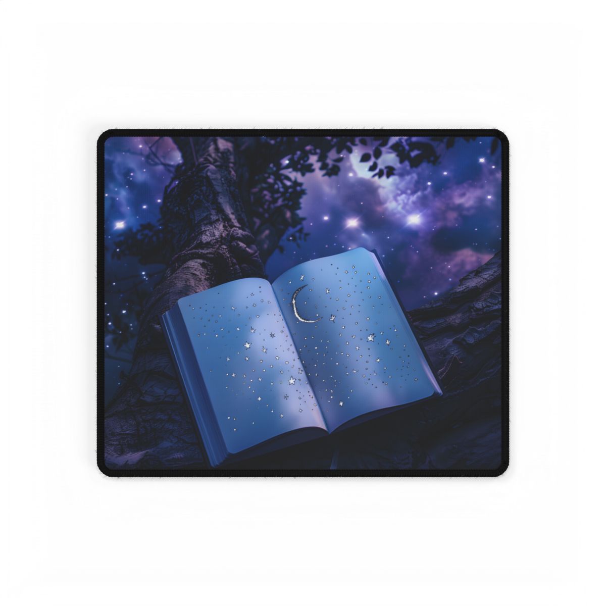 Mystical Night Sky: Celestial Dreams with Crescent Moon and Stars - Desk Mat