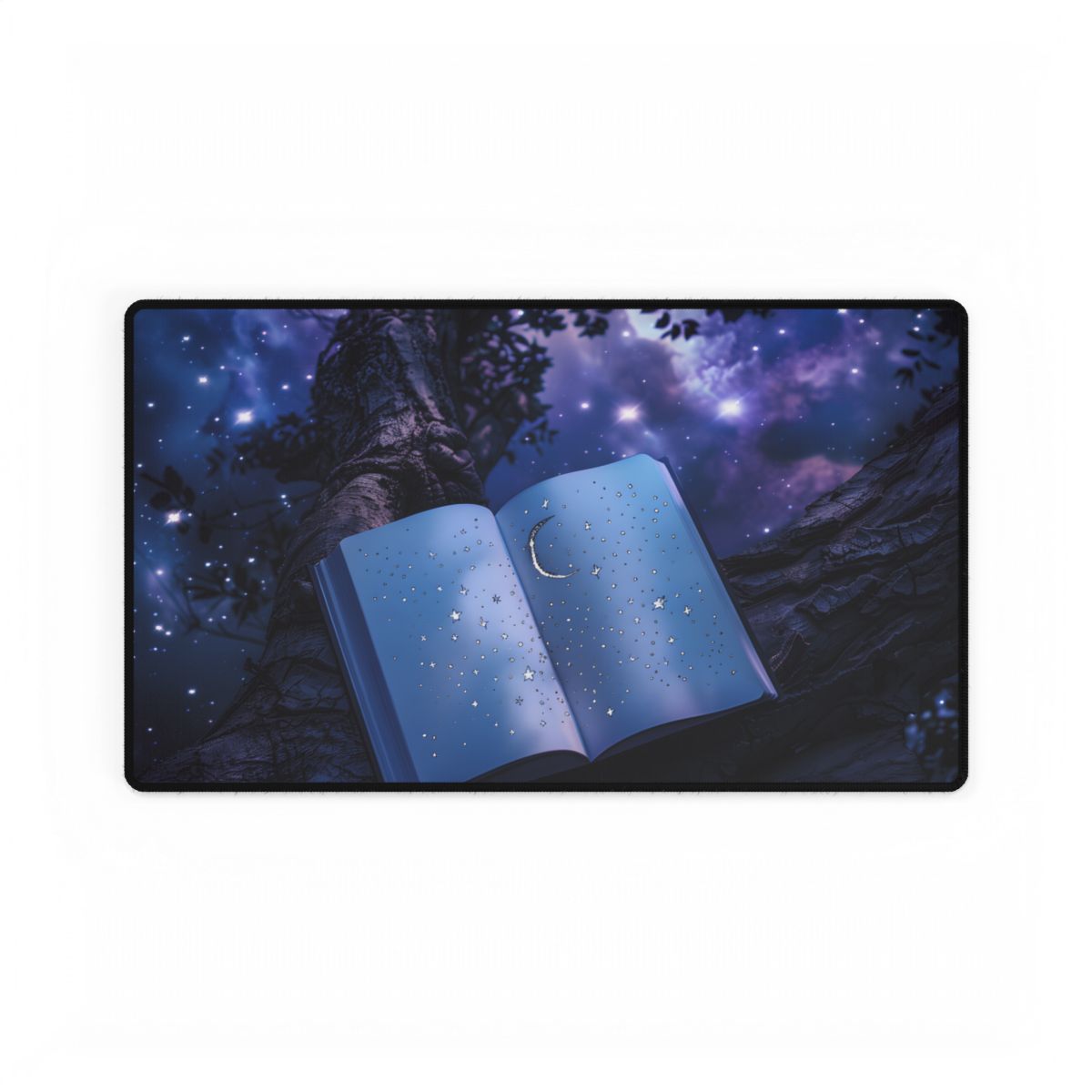 Mystical Night Sky: Celestial Dreams with Crescent Moon and Stars - Desk Mat