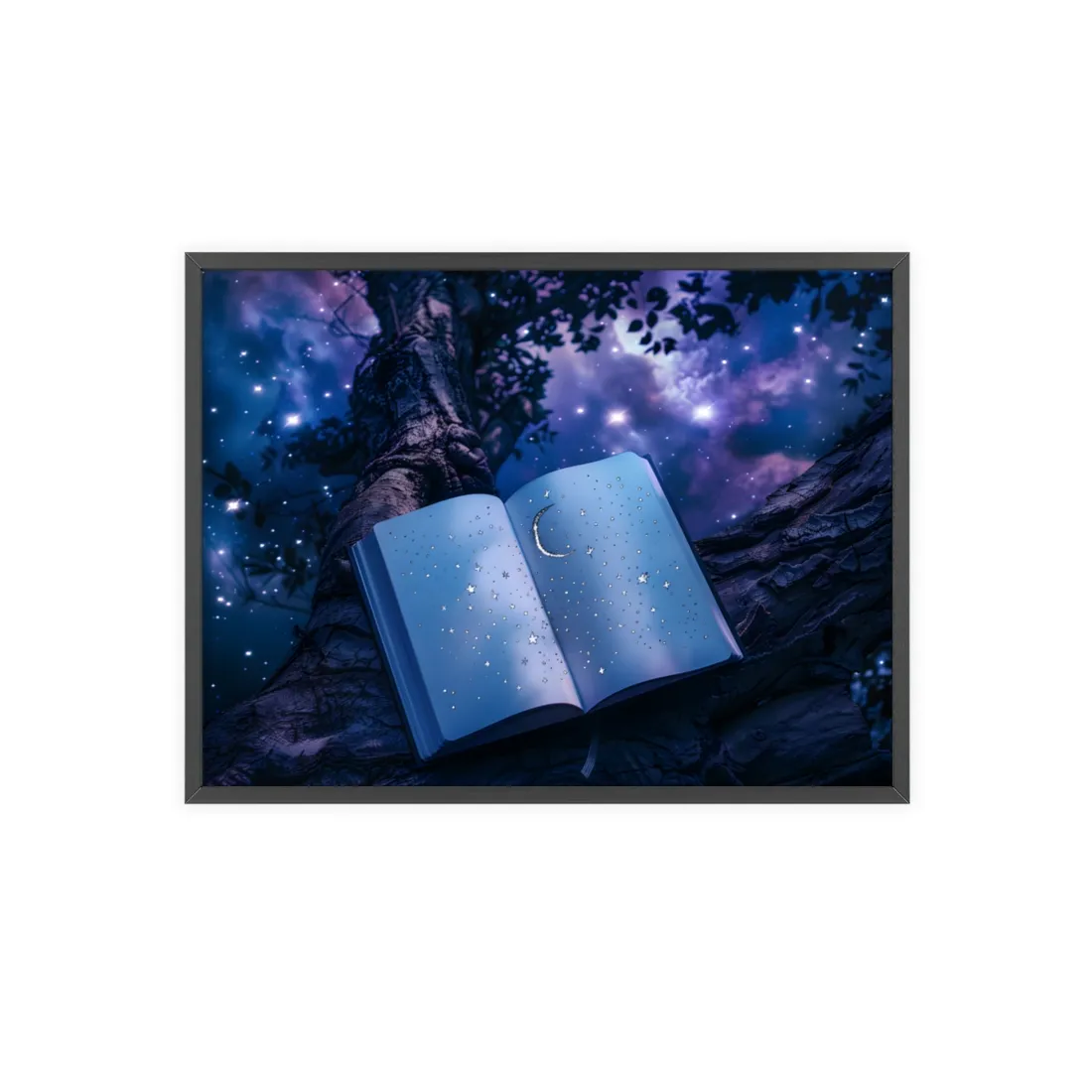 Mystical Night Sky: Celestial Dreams with Crescent Moon and Stars - Framed Poster