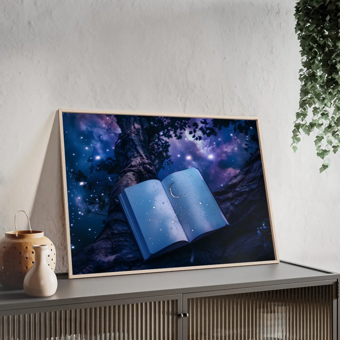 Mystical Night Sky: Celestial Dreams with Crescent Moon and Stars - Framed Poster