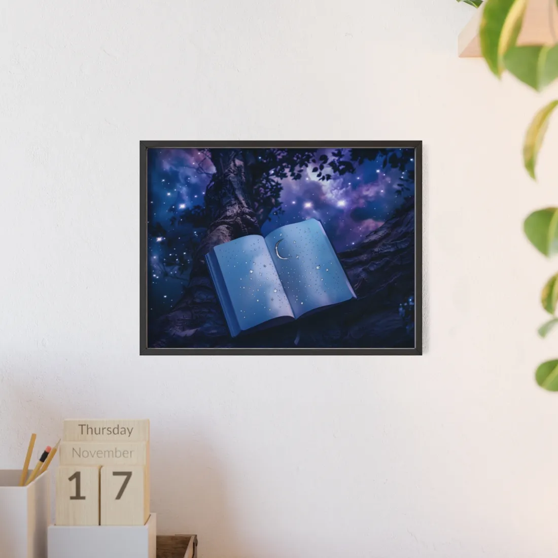 Mystical Night Sky: Celestial Dreams with Crescent Moon and Stars - Framed Poster