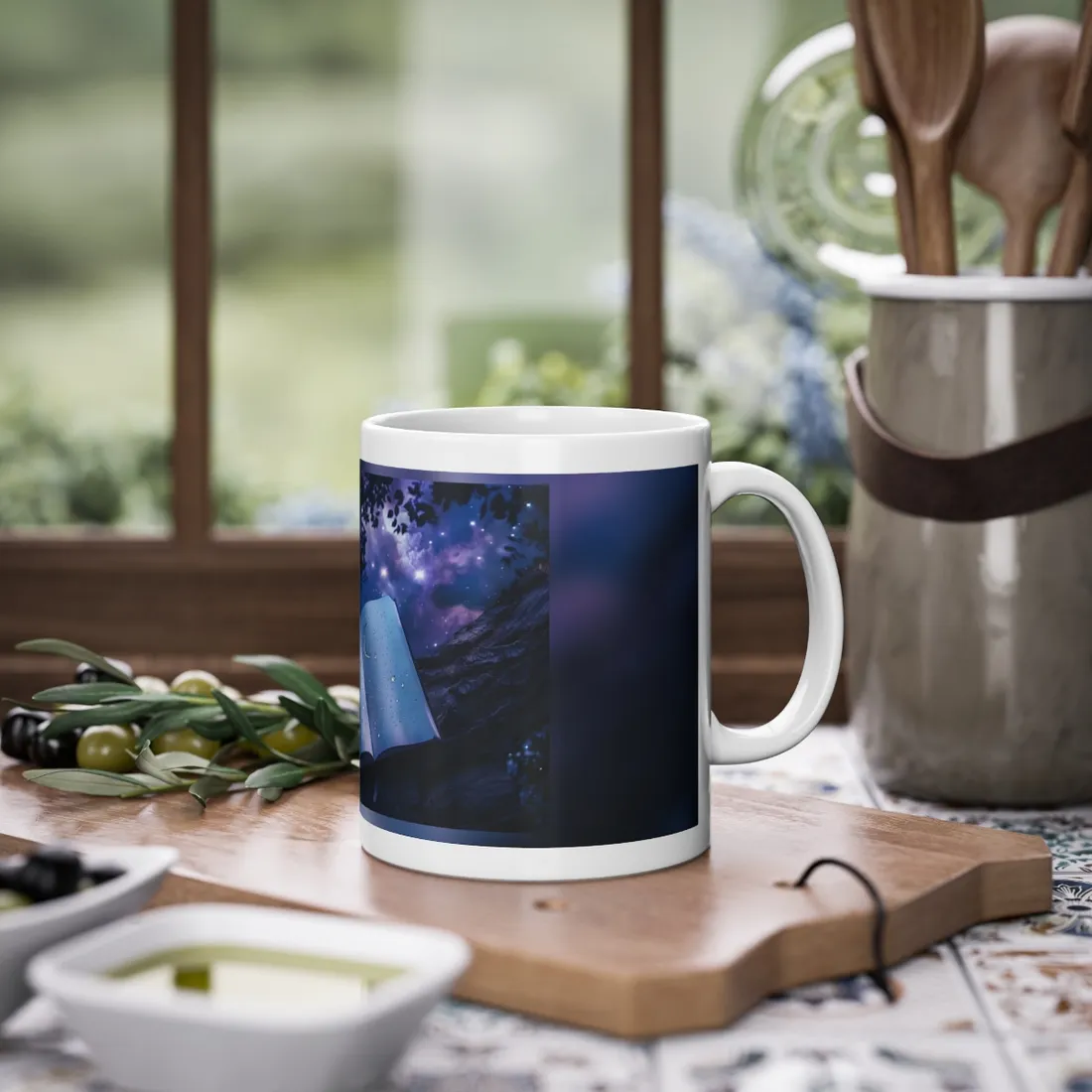 Mystical Night Sky: Celestial Dreams with Crescent Moon and Stars - Mug