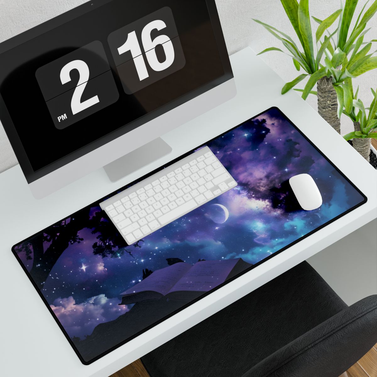 Mystical Night Sky: Celestial Dreams with Crescent Moon Art - Desk Mat