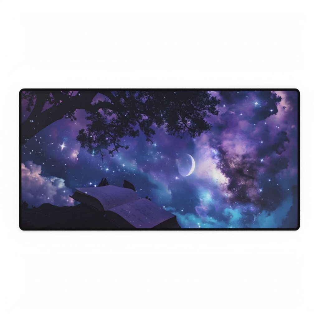 Mystical Night Sky: Celestial Dreams with Crescent Moon Art - Desk Mat