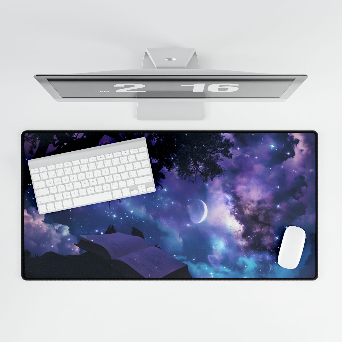 Mystical Night Sky: Celestial Dreams with Crescent Moon Art - Desk Mat