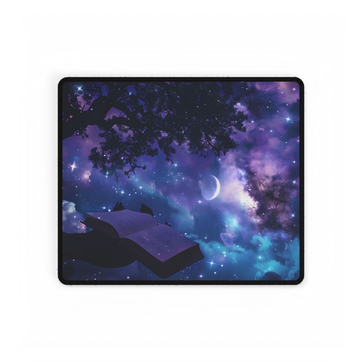 Mystical Night Sky: Celestial Dreams with Crescent Moon Art - Desk Mat