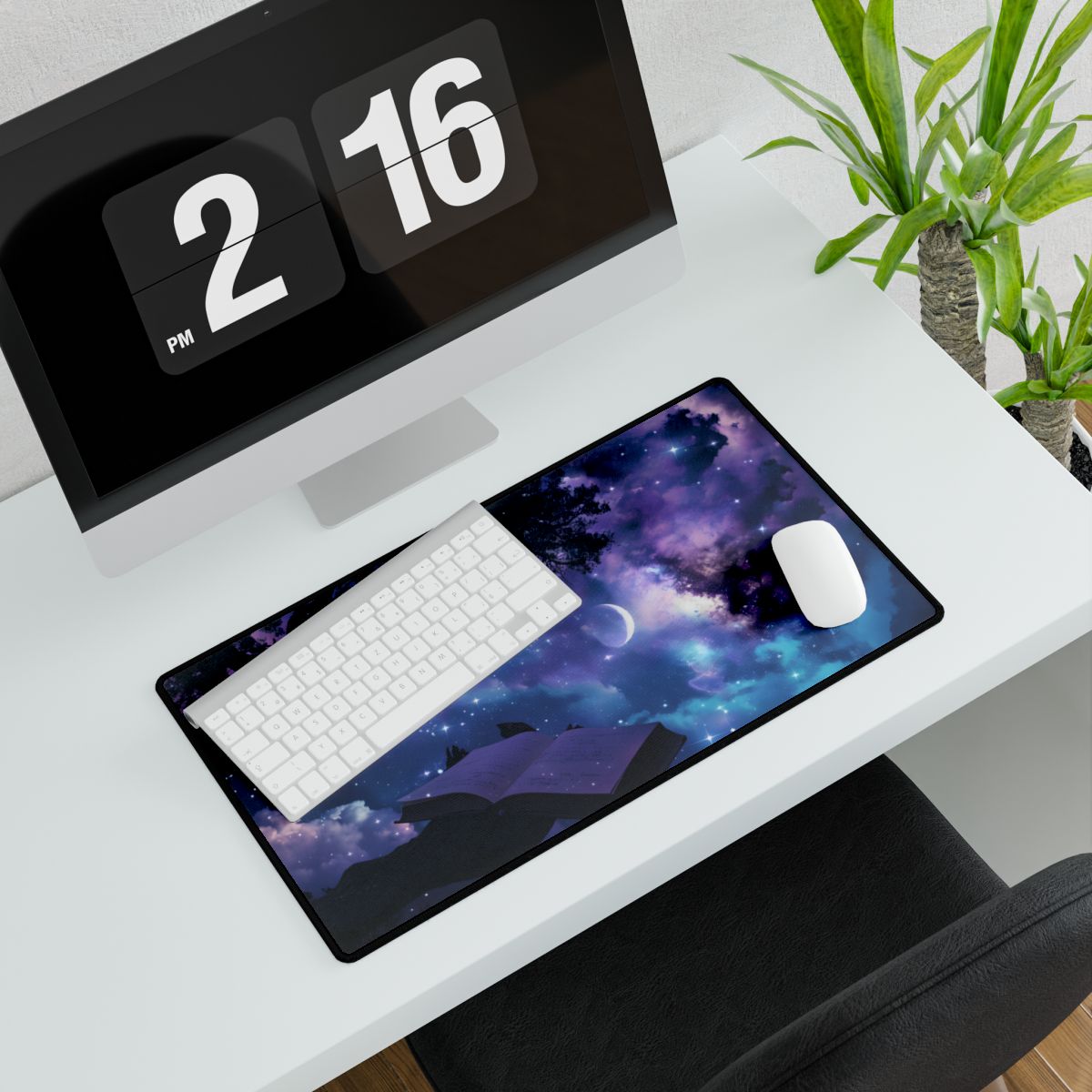 Mystical Night Sky: Celestial Dreams with Crescent Moon Art - Desk Mat