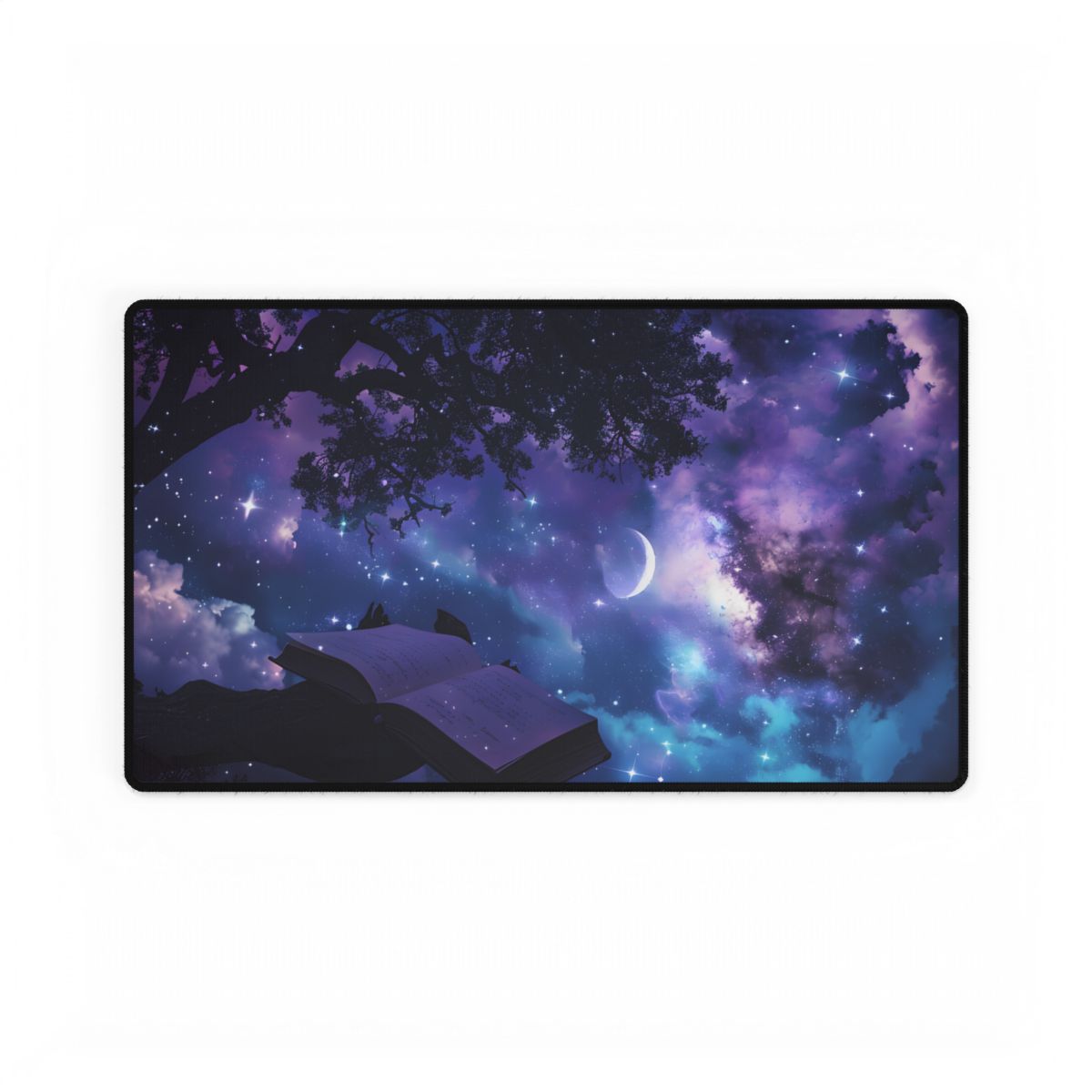 Mystical Night Sky: Celestial Dreams with Crescent Moon Art - Desk Mat