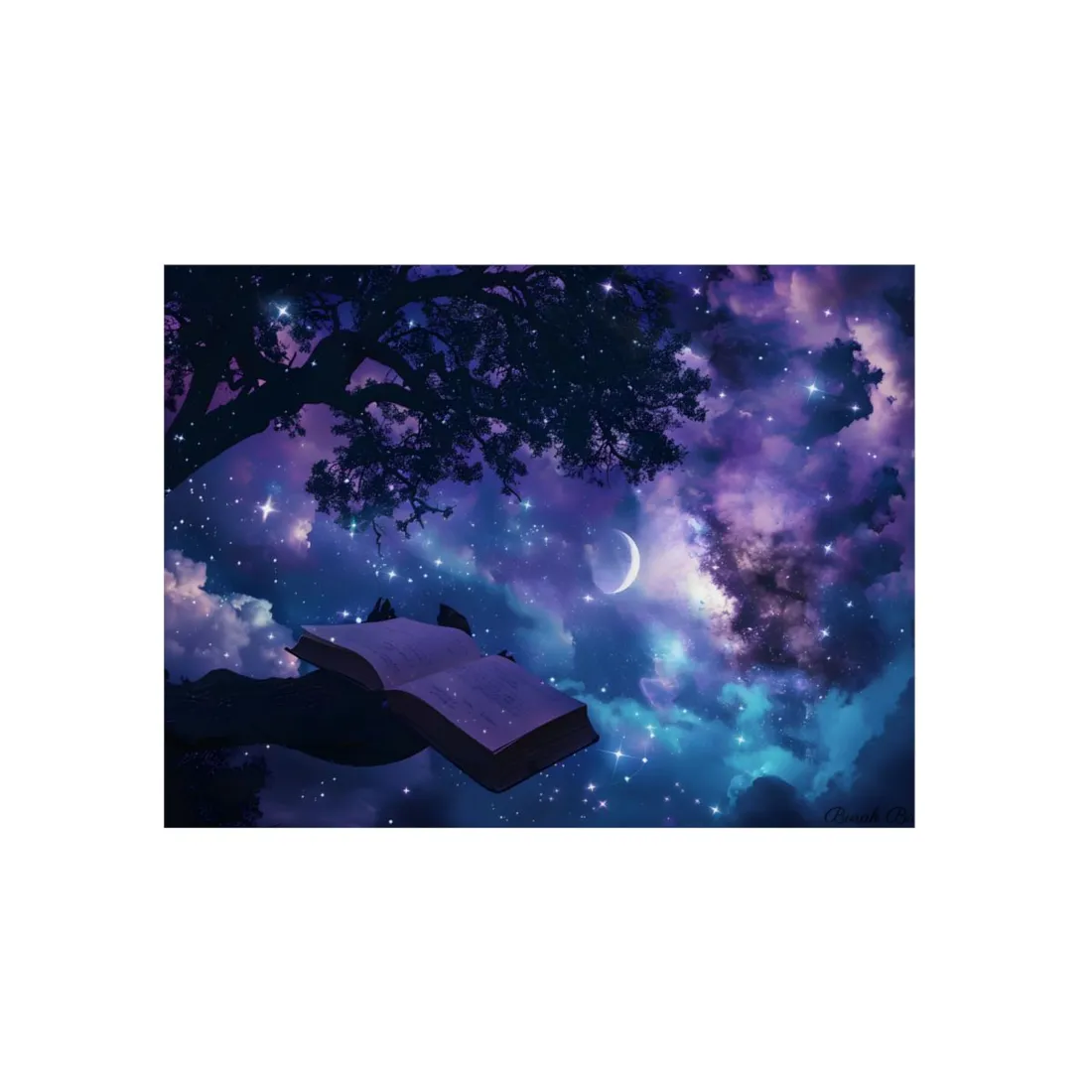 Mystical Night Sky: Celestial Dreams with Crescent Moon Art - Metal Poster