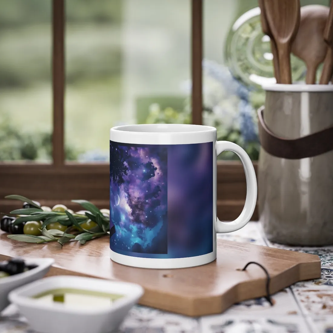 Mystical Night Sky: Celestial Dreams with Crescent Moon Art - Mug