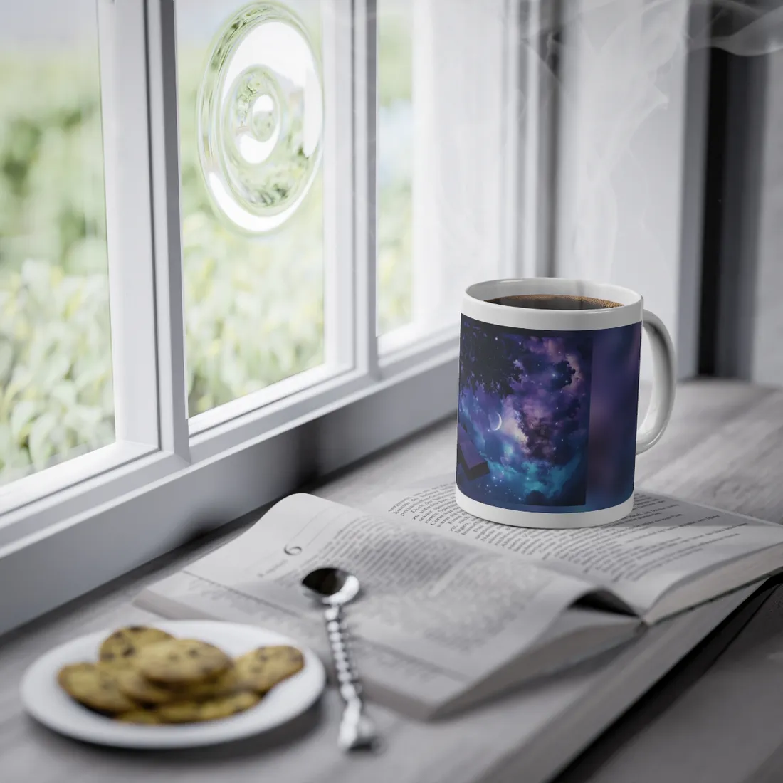Mystical Night Sky: Celestial Dreams with Crescent Moon Art - Mug