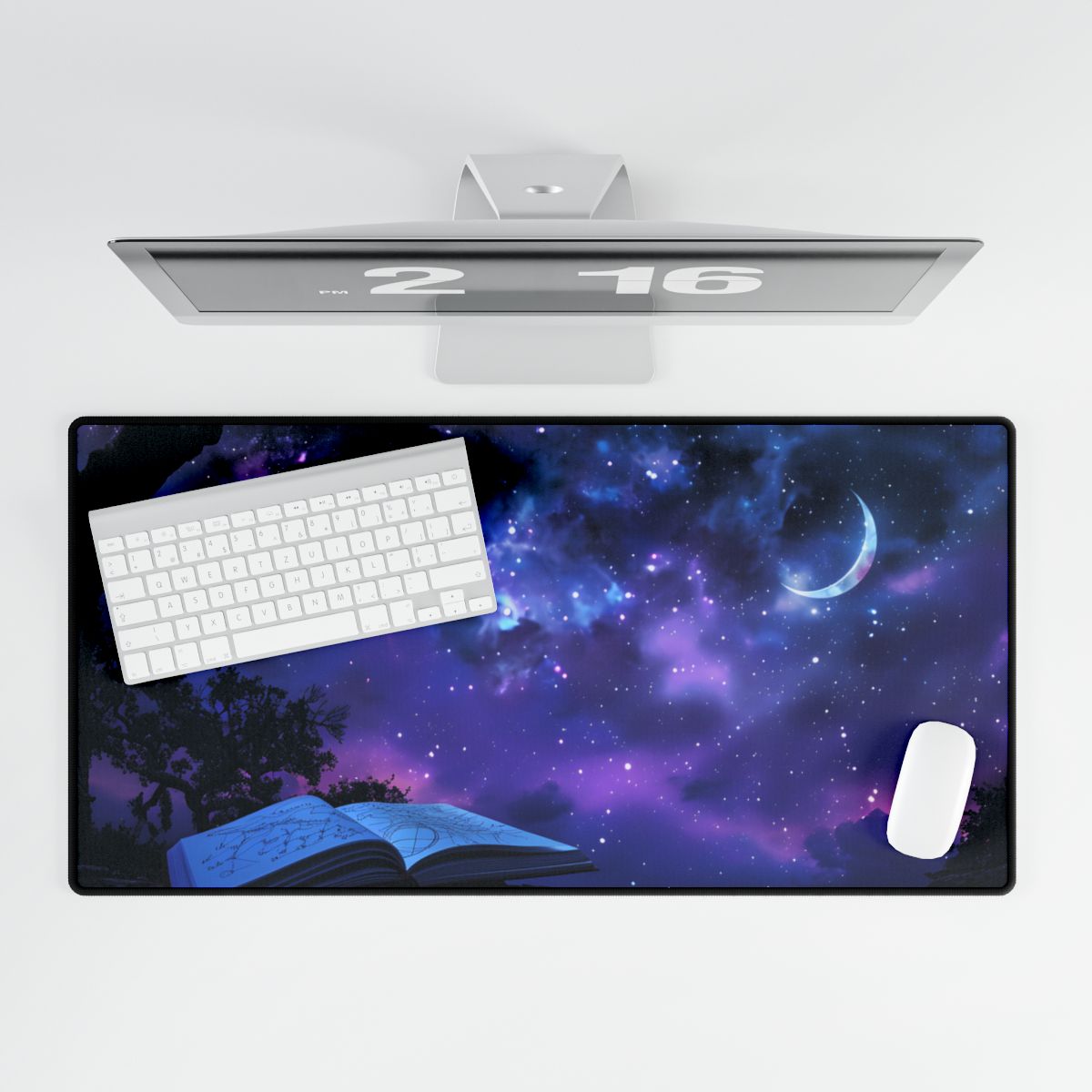 Mystical Night Sky: Stars and Crescent Moon - Desk Mat