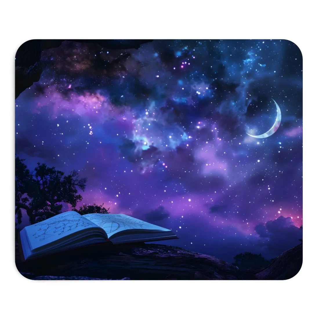 Mystical Night Sky: Stars and Crescent Moon - Mouse Pad