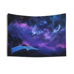 Open Book Under Night Sky Wall Tapestry