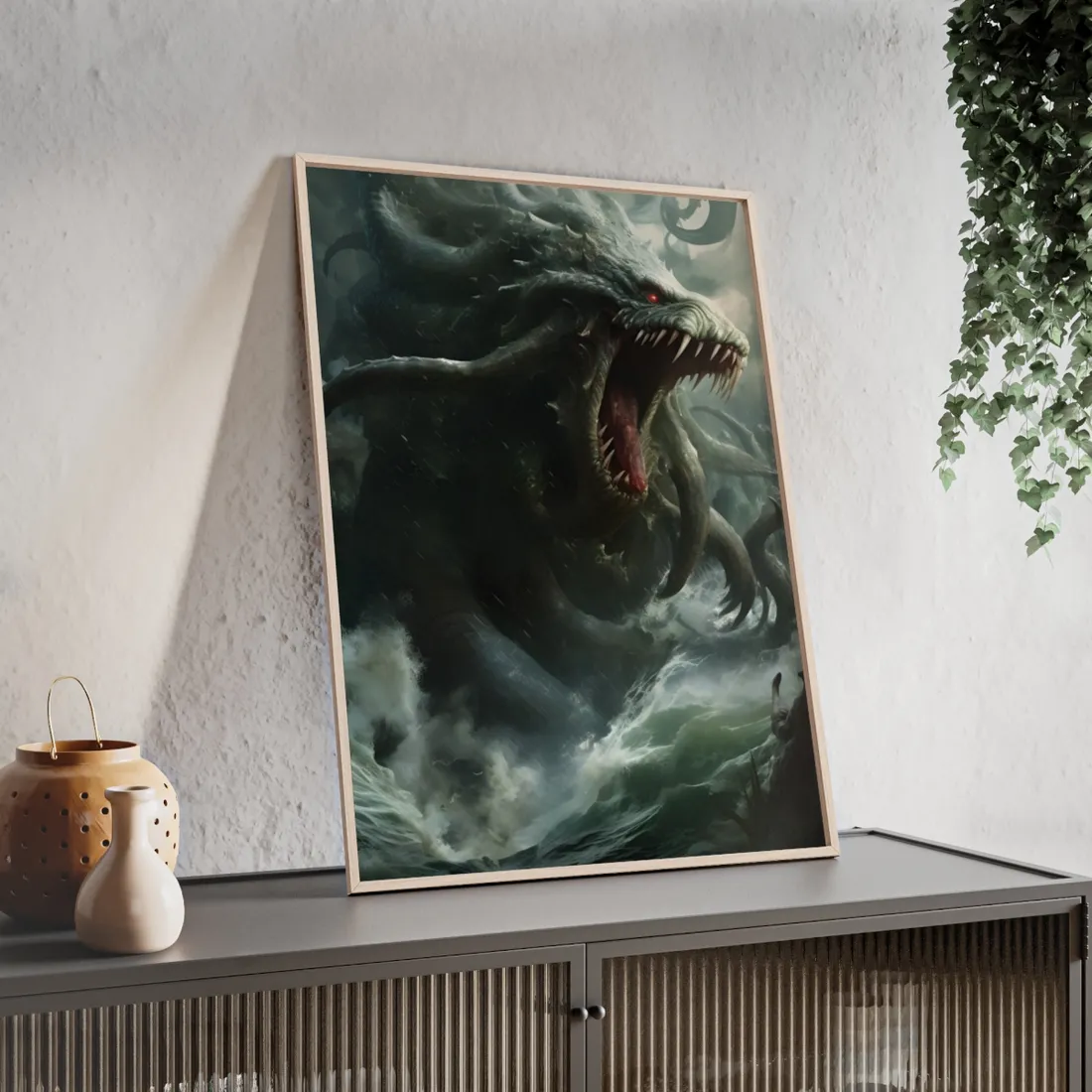 Mythic Ocean Terror: Ancient Sea Monster with Six Tentacles - Framed Poster